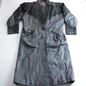 Vintage G-III Black Leather Trench Coat Paisley Embossed Suede Trim Womens L